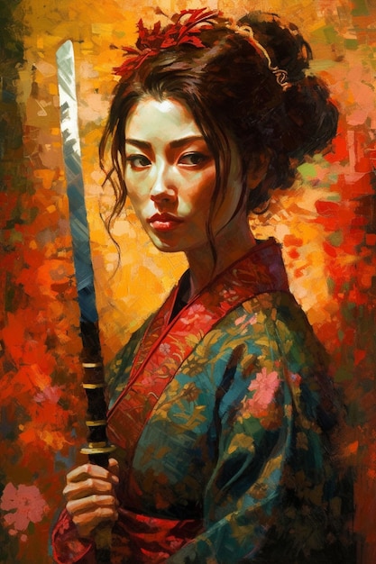 A painting of a woman holding a sword with the word samurai on it.