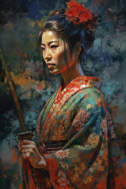 A painting of a woman holding a sword