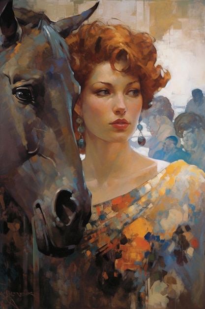 A painting of a woman and a horse