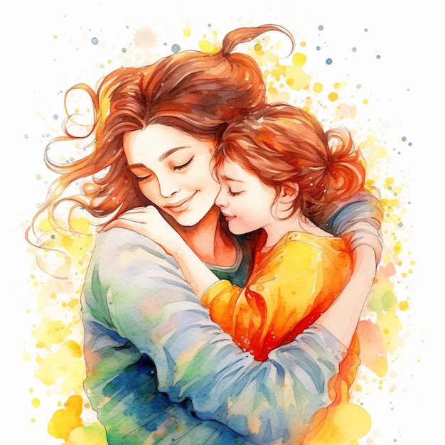 painting of a woman hugging a child with a colorful background generative ai