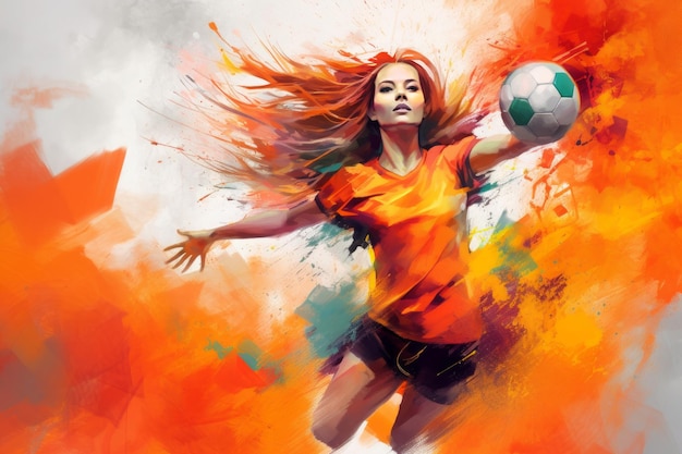 Painting of a woman kicking a soccer ball Generative AI