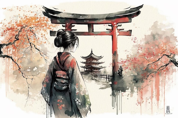 A painting of a woman in a kimono looking at a gate.