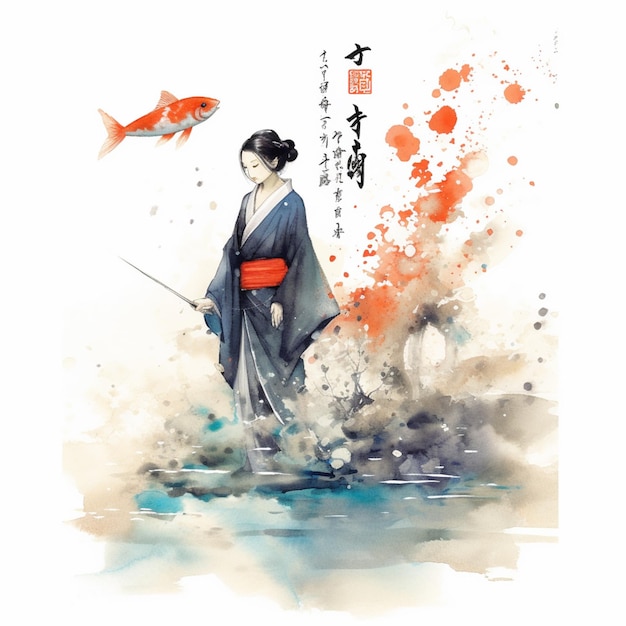 painting of a woman in a kimono outfit holding a sword generative ai