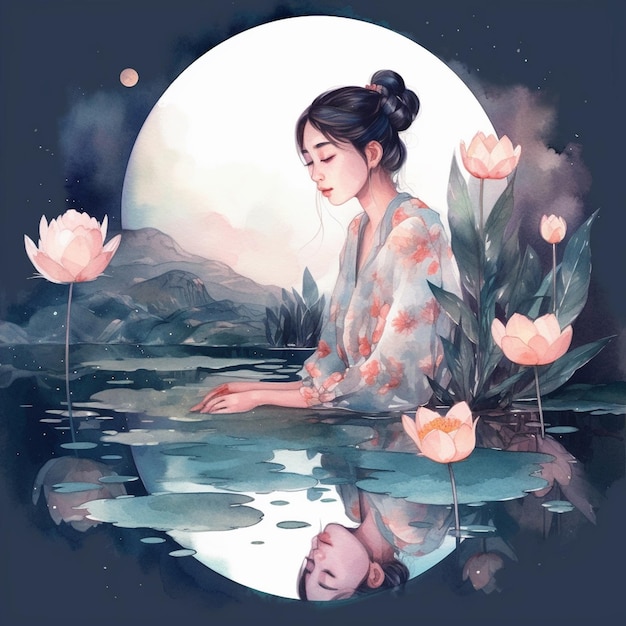 A painting of a woman in a kimono sitting in a pond with flowers and the moon behind her.