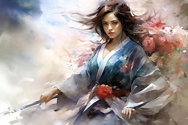 Photo a painting of a woman in a kimono with a flower in the background