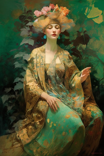 緑の背景に着物を着た女性の絵。