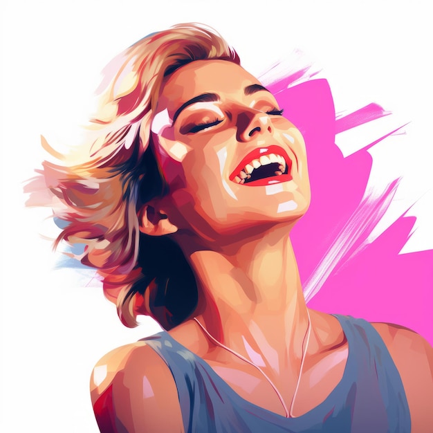 a painting of a woman laughing with her eyes closed