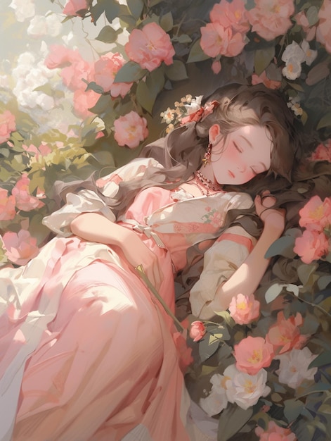 painting of a woman laying on a bed of flowers generative ai