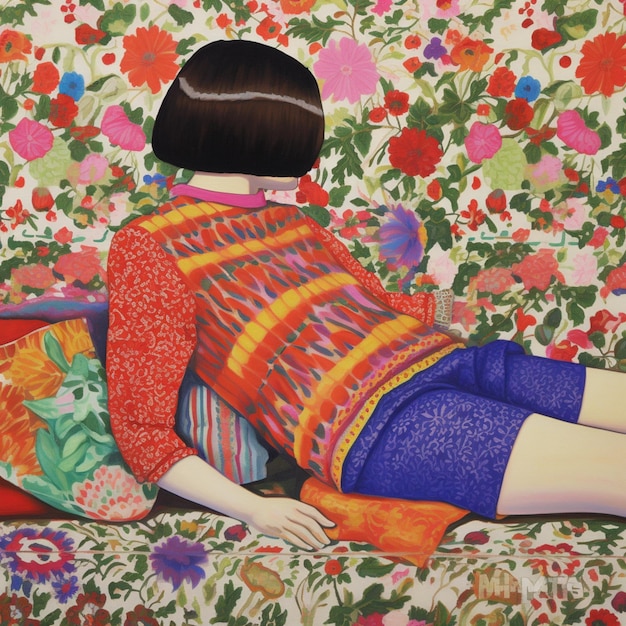 Photo painting of a woman laying on a couch with a colorful shirt generative ai