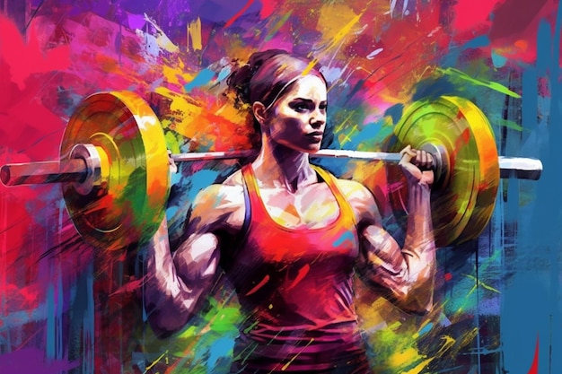 A painting of a woman lifting a barbell with a colorful background generative ai