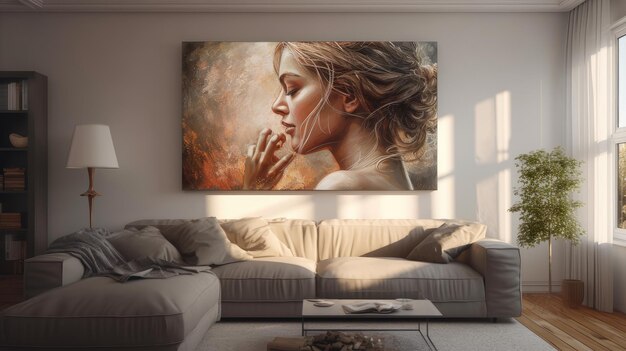 Картина женщины в гостиной с диваном и кушеткой.