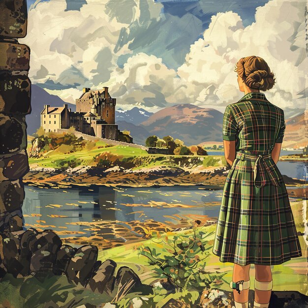 Photo a painting of a woman looking out to a castle with the word  e s  on it