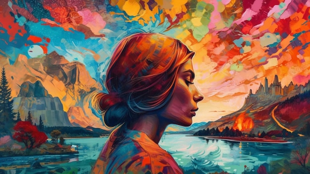 A painting of a woman looking out over a lake with mountains in the background.