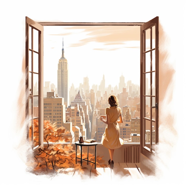 painting of a woman looking out a window at a city generative ai