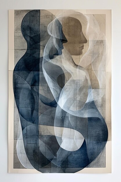 painting of a woman and a man in a blue and white abstract painting generative ai