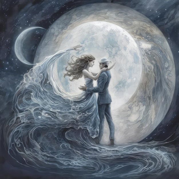 A painting of a woman and man dancing in the night sky.