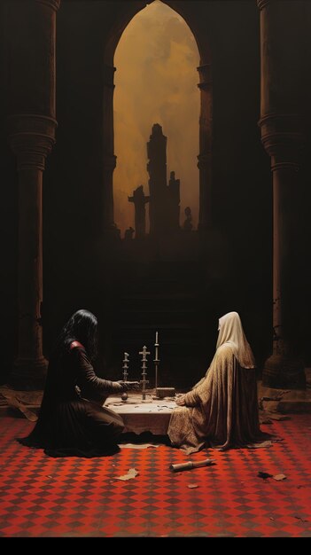 Photo a painting of a woman and a man playing a game with a cross on the top