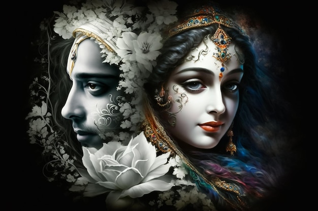 A painting of a woman and a man with white flowers on their face.
