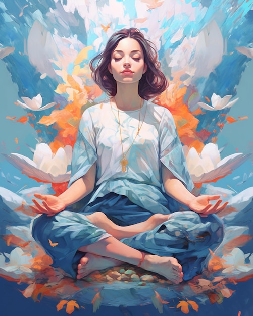 A painting of a woman meditating in lotus position.