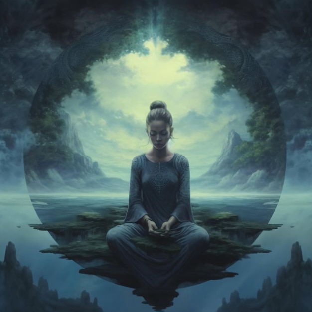 A painting of a woman meditating in the water.