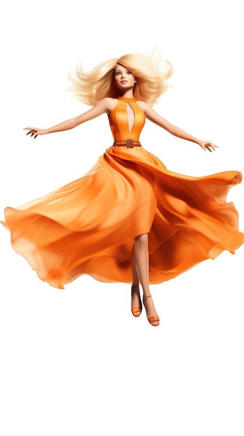 Картина женщины в оранжевом платье со словом «ангел» внизу.