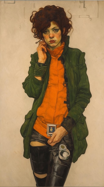 A painting of a woman in an orange jacket and green hat.