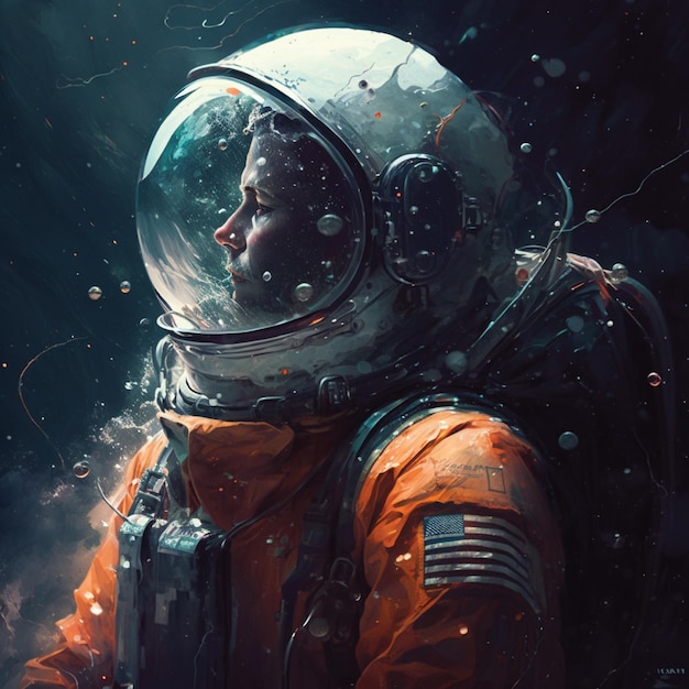 A painting of a woman in an orange space suit with a flag on the back.