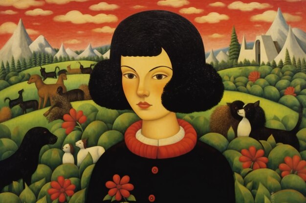 A painting of a woman in a park with a flock of birds