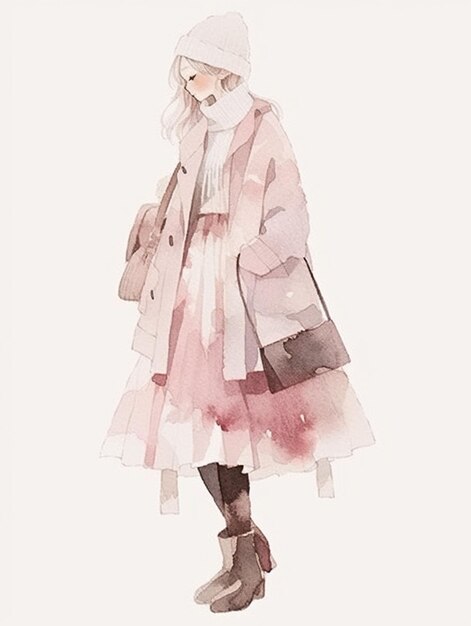 A painting of a woman in a pink coat and hat generative ai