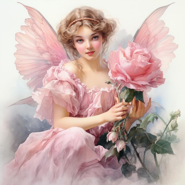 Painting of a woman in a pink dress holding a pink rose generative ai