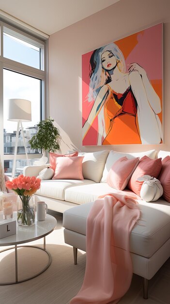 a painting of a woman in a pink dress is on a wall