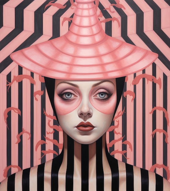 a painting of a woman in a pink hat and a black and white striped shirt.