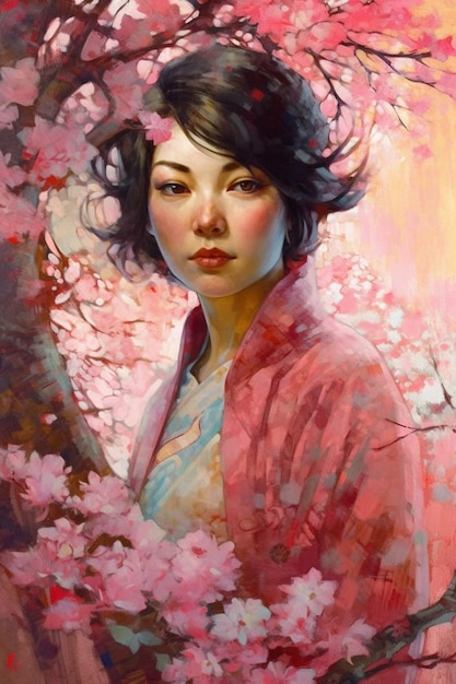 A painting of a woman in pink with flowers on the face.