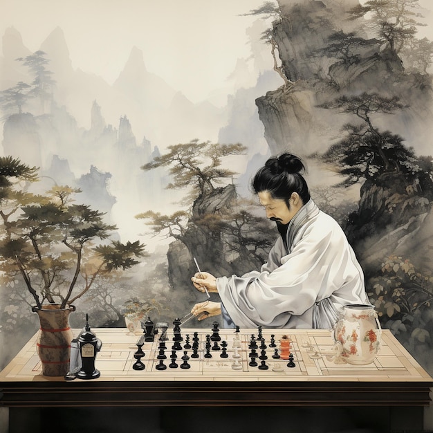 Foto un dipinto di una donna che gioca a scacchi con un albero sullo sfondo.
