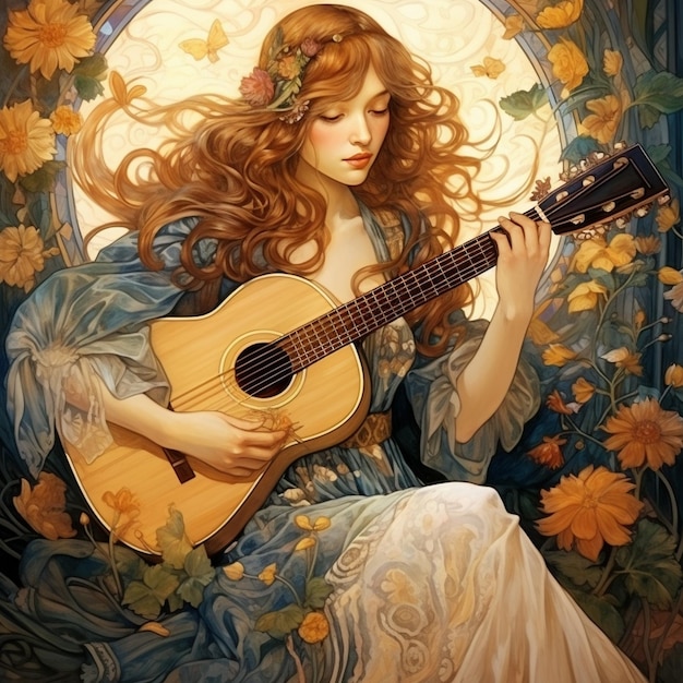 꽃과 함께 기타를 연주하는 여자의 그림과 기타를 연주 하는 여자의 그림.