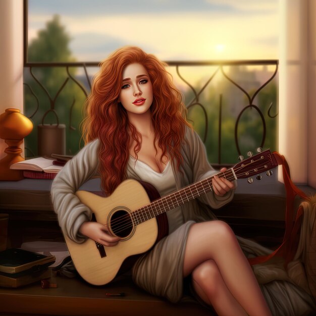a painting of a woman playing a guitar with a picture of a woman playing a guitar