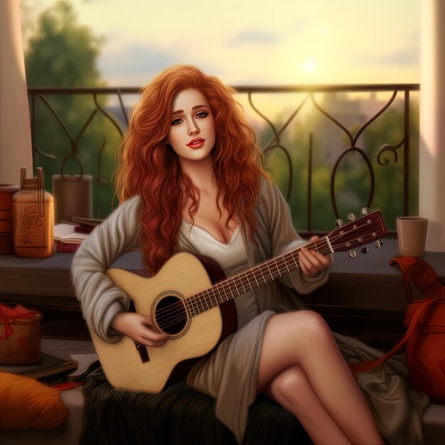 Photo a painting of a woman playing a guitar