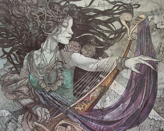 a painting of a woman playing a harp