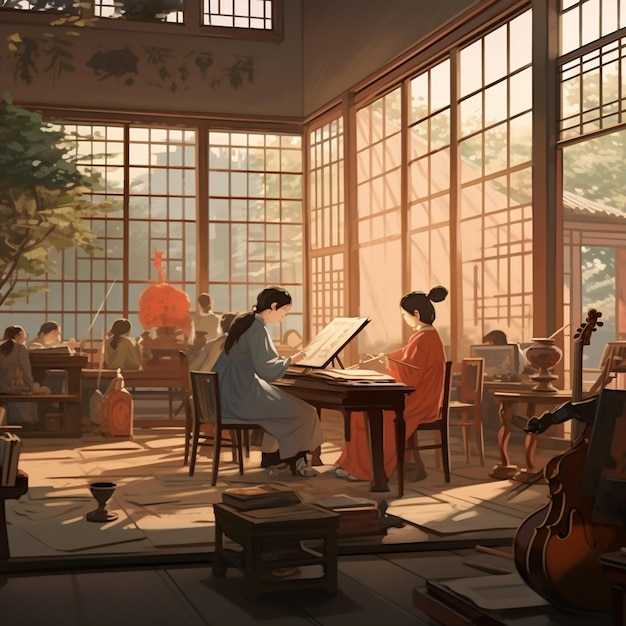 피아노를 치는 여자와 기타를 치는 남자의 그림.
