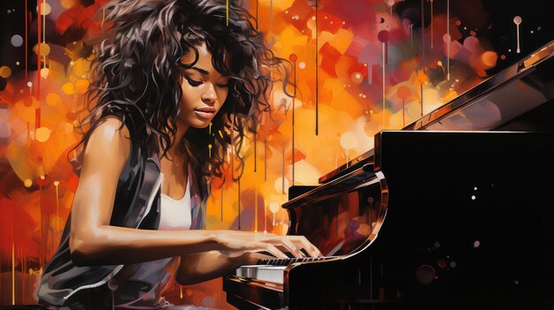 A painting of a woman playing a piano