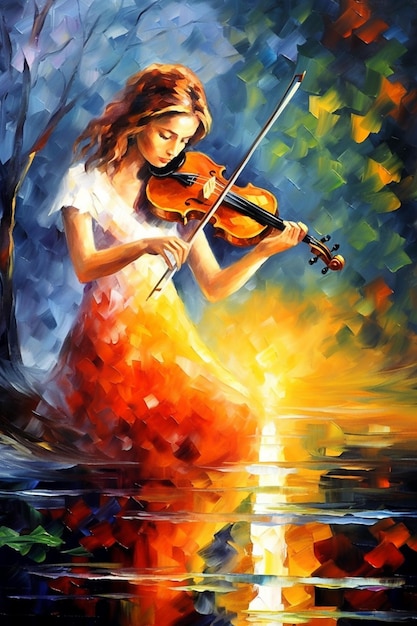 painting of a woman playing violin in a lake generative ai