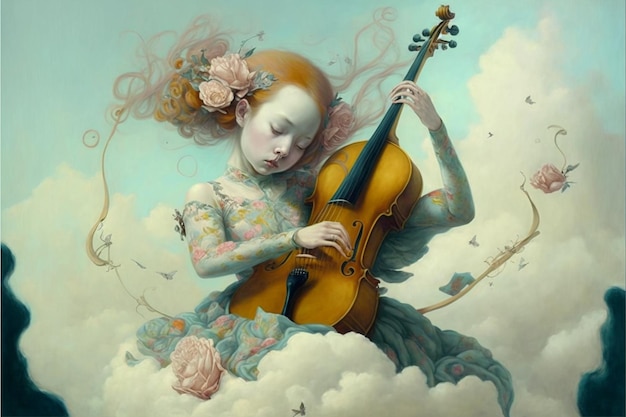 꽃을 들고 바이올린을 연주하는 여인의 그림.
