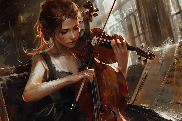 バイオリンを弾く女性の絵画