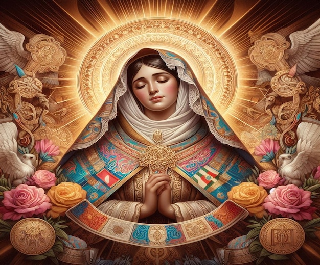 Photo a painting of a woman praying with flowers and the word virgin