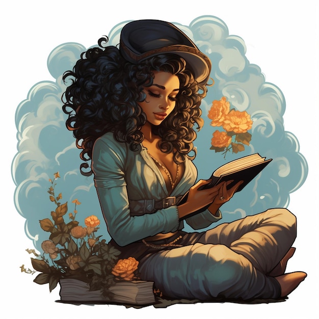 女の子という本を読んでいる女性の絵画