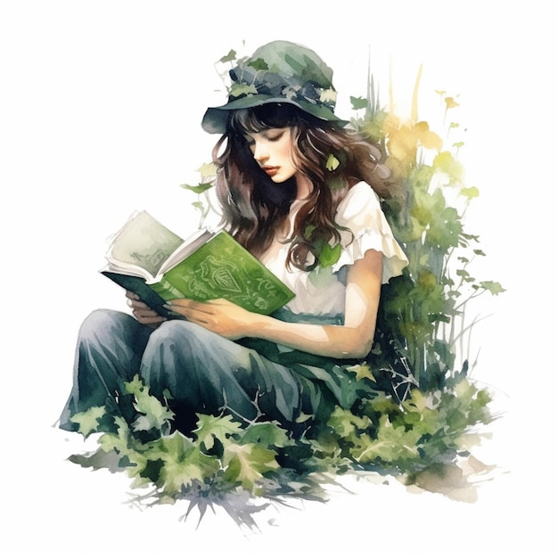 painting of a woman reading a book in the grass generative ai