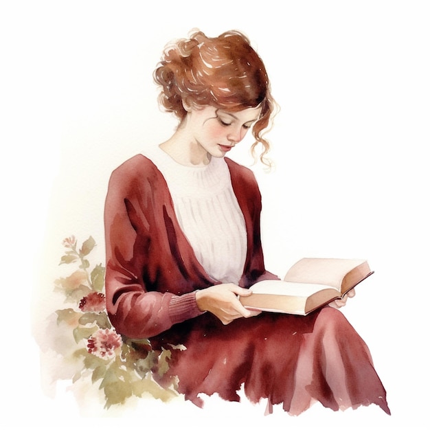 painting of a woman reading a book in a red dress generative ai