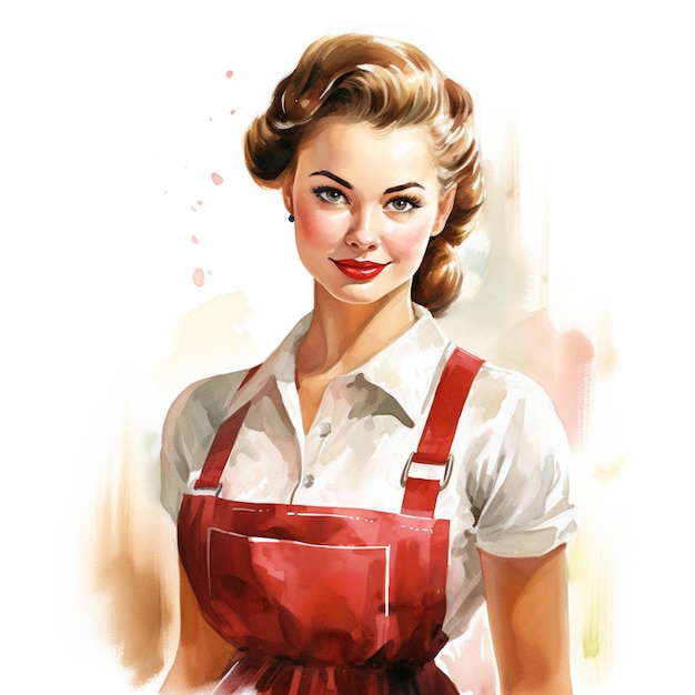 Photo painting of a woman in a red apron with a smile on her face generative ai