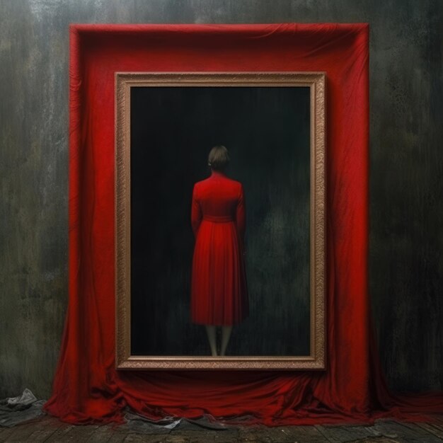 A painting of a woman in a red dress is framed by a red cloth.