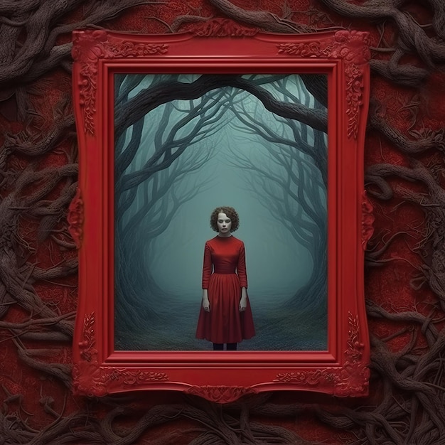 붉은 드레스를 입은 여인의 그림이 붉은 벽에 걸려 있다.